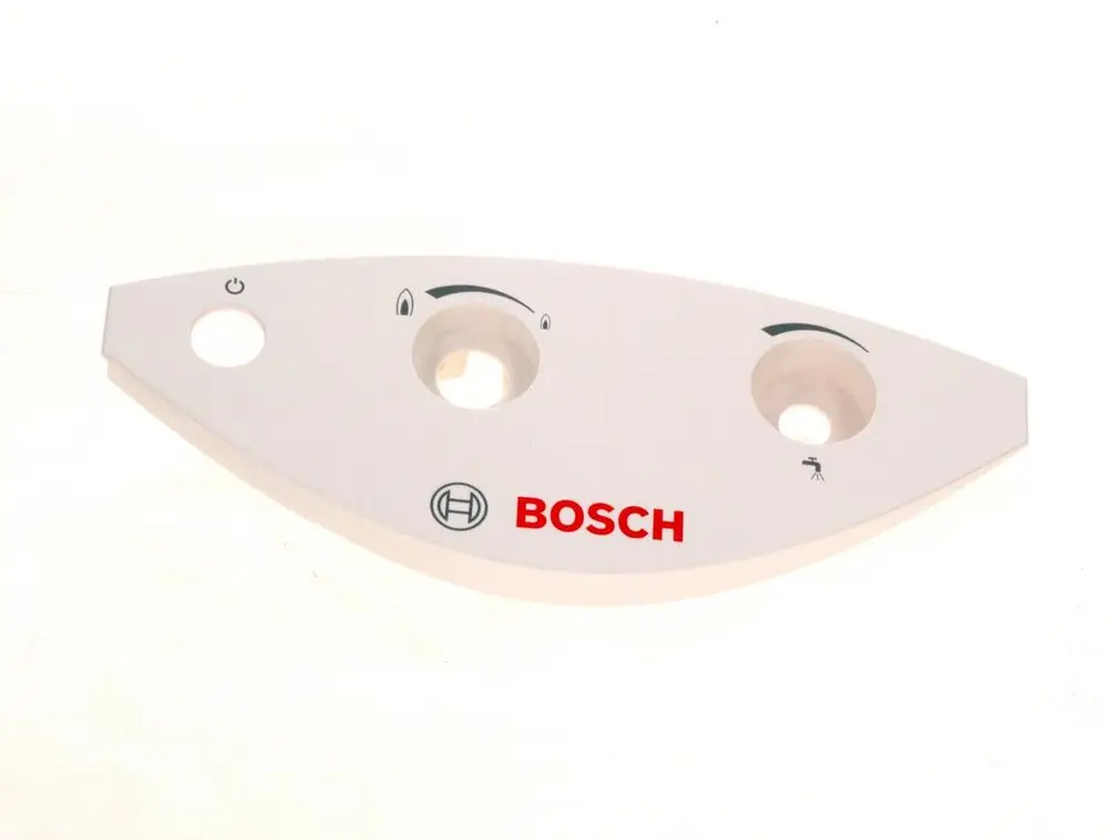 Weißes Bedienfeld von Bosch mit mehreren Bedienelementen und Symbolen. Es verfügt über Tasten für die Funktionen und eine allgemeine Stromversorgung.
